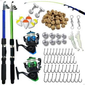 Pescamping Kit Pesca Completo 2 Varas Telescópica Fibra De Vidro E 2 Molinetes Leve Com Linha - Com Acessórios Bóias Chumbadas Anzóis Isca E Mais Tralha Quite De Pescaria